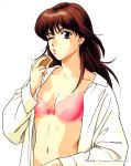  1990s_(style) 1996 1girl blue_eyes bra brown_hair copyright dated dress_shirt earrings highres holding jewelry lips long_hair long_sleeves mahjong mahjong_tile navel one_eye_closed open_clothes open_shirt pc_engine_fan pink_bra puckered_lips shirt simple_background solo stud_earrings takada_akemi underwear white_background white_shirt 