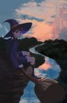  1girl absurdres broom broom_riding brown_hair cliff hat highres kagari_atsuko little_witch_academia looking_at_viewer outdoors red_eyes reflection river school_uniform sitting smile subudraws tower witch witch_hat 
