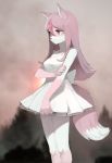  1girl animal_ears back_bow bangs bare_shoulders blurry blurry_background bow brand_new_animal breasts chinese_commentary claws closed_mouth collarbone commentary_request crayon_(crayon1006) dress english_commentary fire fox_ears fox_tail frilled_dress frills furry hair_between_eyes hand_up highres hiwatashi_nazuna long_hair mixed-language_commentary multicolored_hair no_humans outdoors pink_hair red_eyes shiny shiny_hair short_dress sleeveless sleeveless_dress small_breasts smoke solo spaghetti_strap standing streaked_hair tail tree white_dress 