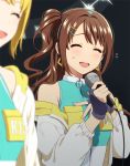  2girls :d ^_^ black_gloves blonde_hair blurry blurry_foreground blush brown_hair closed_eyes depth_of_field earrings facing_viewer fingerless_gloves flying_sweatdrops gloves hair_ornament hairclip holding holding_microphone idolmaster idolmaster_cinderella_girls jacket jewelry long_sleeves mattaku_mousuke microphone miyamoto_frederica multiple_girls off_shoulder one_side_up open_clothes open_jacket open_mouth puffy_long_sleeves puffy_sleeves shimamura_uzuki sleeveless smile solo_focus sweat upper_teeth white_jacket 