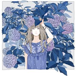  1girl absurdres arm_up blue_dress blue_theme bracelet brown_hair dress earrings flower grey_eyes highres jewelry kko_(um7mr) long_hair looking_at_viewer original pale_skin solo upper_body 