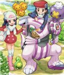  1boy 1girl alternate_size beanie black_hair blue_eyes bonsly boots budew buttons combee day dress drifloon gen_4_pokemon hat hikari_(pokemon) holding kouki_(pokemon) legendary_pokemon long_hair long_sleeves open_mouth outdoors palkia pink_footwear pokemoa pokemon pokemon_(creature) pokemon_(game) pokemon_dppt red_dress scarf scratching_chin smile stream teeth tongue walking water white_headwear white_legwear white_scarf winter_clothes 
