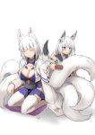  2girls animal_ears azur_lane black_sailor_collar blue_eyes blue_neckwear breasts brush brushing eyeliner eyeshadow fox_ears fox_girl fox_tail hair_brush highres holding_brush japanese_clothes kaga_(azur_lane) kawakaze_(azur_lane) kimono kitsune large_breasts makeup multiple_girls multiple_tails neckerchief ribbon-trimmed_clothes ribbon-trimmed_sleeves ribbon_trim sailor_collar steed_(steed_enterprise) tail tail_brushing white_kimono wide_sleeves 