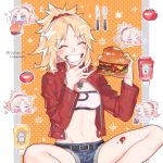 1girl bangs blonde_hair blush breasts commentary_request cutlery eyebrows_visible_through_hair fate/apocrypha fate_(series) food food_on_face fork green_eyes grin hair_ornament hair_scrunchie hamburger holding holding_food jacket ketchup knife long_hair long_sleeves medium_breasts mordred_(fate) mordred_(fate)_(all) mustard navel open_clothes open_jacket ponytail red_scrunchie sara_(kurome1127) scrunchie short_shorts shorts sitting smile solo spiky_hair tomato twitter_username 