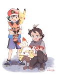  2boys :d ^_^ ^o^ baseball_cap black_footwear black_hair black_pants black_shirt blue_eyes blue_jacket blue_shorts brown_eyes cleaning closed_eyes commentary_request creature dark_skin dark_skinned_male dirty episode_number fox gen_1_pokemon gen_8_pokemon gou_(pokemon) hat highres holding holding_pokemon holding_towel jacket looking_at_another mei_(maysroom) multiple_boys nickit number one_eye_closed one_knee open_mouth pants pikachu pokemon pokemon_(anime) pokemon_(creature) pokemon_swsh_(anime) rabbit red_headwear road satoshi_(pokemon) shirt shoes shorts signature smile standing starter_pokemon street tongue tongue_out towel translation_request white_background white_shirt 