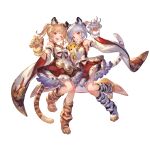  2girls ;d alpha_transparency animal_ears animal_hands animal_print bai_(granblue_fantasy) bangs bare_shoulders blonde_hair blush detached_sleeves dress erune frilled_dress frills full_body gloves granblue_fantasy grey_hair huang_(granblue_fantasy) laolao_(granblue_fantasy) looking_at_viewer minaba_hideo multiple_girls official_art one_eye_closed open_mouth paw_gloves paw_shoes paws siblings simple_background sisters smile tail tiger_ears tiger_girl tiger_paws tiger_print tiger_stripes tiger_tail transparent_background twins twintails 