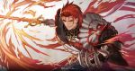  1boy absurdres armor fire gauntlets granblue_fantasy highres holding holding_sword holding_weapon injury male_focus pauldrons percival_(granblue_fantasy) red_eyes redhead saku_(sakudeji) shoulder_armor simple_background smile solo sword weapon 