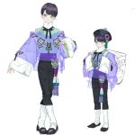  1boy androgynous black_hair black_pants capri_pants crossed_ankles full_body green_eyes hat heterochromia high-waist_pants high_collar highres long_sleeves multiple_views nishihara_isao original pants qing_guanmao see-through short_hair sleeves_past_wrists variations violet_eyes 