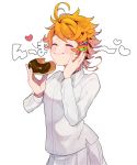  1girl ahoge arm_up bangs blush closed_eyes closed_mouth collar collared_shirt commentary_request doughnut eating emma_(yakusoku_no_neverland) eyebrows_visible_through_hair facing_viewer food hair_ornament heart highres holding holding_food long_sleeves neck_tattoo number_tattoo orange_hair shirt short_hair simple_background skirt smile solo standing tattoo translation_request upper_body white_background white_shirt white_skirt x_hair_ornament yakusoku_no_neverland yukasa_(yu_sa18) 