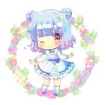  1girl ;) blue_dress blue_flower blue_footwear blue_hair blush chibi closed_mouth commission double_bun dress floral_background flower frilled_dress frills full_body gradient_hair hair_flower hair_ornament kouu_hiyoyo long_sleeves looking_at_viewer lowres multicolored_hair one_eye_closed original pink_flower puffy_long_sleeves puffy_sleeves purple_hair red_eyes smile socks solo standing white_background white_flower white_legwear yellow_flower 