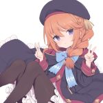  1girl bangs beret black_headwear black_legwear blue_bow blush bow braid coat double_v frills gamuo hair_between_eyes hat hood hood_down hooded_coat long_hair long_sleeves open_mouth orange_hair pantyhose princess_connect! princess_connect!_re:dive simple_background solo twin_braids v violet_eyes white_background yuni_(princess_connect!) 