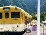  chibi ground_vehicle maribel_hearn photo realistic touhou train train_station tree usami_renko 
