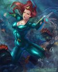  1girl aquaman_(series) arms_up blue_eyes bodysuit breasts cleavage covered_navel curly_hair dc_comics jewelry judash137 long_hair looking_at_viewer medium_breasts mera_(dc) muscle open_mouth outstretched_arms redhead restrained shiny shiny_clothes solo superhero thighs toned underwater 