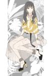  1girl absurdres belt bracelet brown_hair earrings full_body grey_background grey_shorts high_heels highres jewelry kko_(um7mr) leaf_print looking_at_viewer necklace original see-through shirt short_sleeves shorts simple_background skirt solo yellow_shirt 