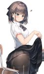  1girl black_skirt blouse desk half_updo highres looking_down original panties panties_under_pantyhose pantyhose ranf school_desk school_uniform short_hair skirt skirt_lift solo standing torn_clothes torn_legwear underwear white_blouse white_panties 