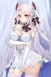 1girl absurdres antenna_hair azur_lane bangs bare_shoulders breasts bridal_gauntlets bridal_veil closed_mouth commentary_request dress eyebrows_visible_through_hair garter_straps headgear highres korean_commentary large_breasts lillly long_hair looking_at_viewer mixed-language_commentary multicolored_hair navel orange_eyes prinz_eugen_(azur_lane) prinz_eugen_(symphonic_fate)_(azur_lane) redhead smile solo standing streaked_hair swept_bangs thigh-highs thighs two_side_up veil very_long_hair wedding_dress white_dress white_hair white_legwear 