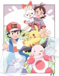  2boys :d baseball_cap black_hair black_shirt blue_eyes blue_jacket blue_pants border brown_eyes clenched_hand commentary_request creature dark_skin dark_skinned_male electricity episode_number gen_1_pokemon gen_8_pokemon gou_(pokemon) hat highres jacket looking_at_another mei_(maysroom) mr._mime multiple_boys number on_shoulder one_eye_closed open_mouth pants pikachu pokemon pokemon_(anime) pokemon_(creature) pokemon_on_shoulder pokemon_swsh_(anime) rabbit red_headwear reflect_(pokemon) satoshi_(pokemon) scorbunny shirt signature smile starter_pokemon upper_teeth white_border white_shirt 