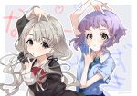  2girls absurdres bangs black_ribbon blunt_bangs braid breast_pocket brown_eyes collared_shirt commentary_request double_v grey_hair hair_ribbon highres hisakawa_nagi idolmaster idolmaster_cinderella_girls idolmaster_million_live! juliet_sleeves long_hair long_sleeves looking_at_viewer low_twintails makabe_mizuki multiple_girls neck_ribbon necktie nocco_saz plaid_neckwear pocket puffy_sleeves purple_hair red_neckwear ribbon shirt short_hair short_sleeves twintails upper_body v yellow_eyes 