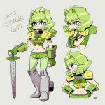  1girl autobot blue_eyes character_name chibi crossed_arms drill_hair fingerless_gloves genderswap genderswap_(mtf) gloves green_hair insignia looking_to_the_side mecha_musume midriff multiple_views personification pout short_hair springer sunafuki_tabito toon transformers 