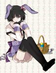  1girl animal_ears bangs basket black_bow black_eyes black_gloves black_hair black_legwear black_ribbon bow bowtie commentary easter_egg egg empty_eyes floral_print gloves hair_between_eyes hair_bow hand_to_own_mouth hands_together highres knees_up light_smile looking_ahead monogatari_(series) monogatari_series_puc_puc oshino_ougi pink_bow pink_ribbon purple_bow purple_ribbon purple_skirt rabbit_ears retto ribbon sitting skirt smile solo thigh-highs 