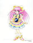  1990s_(style) 1girl bow braid brooch chip-chan_kick! copyright copyright_name eyebrows_visible_through_hair full_body green_eyes hair_bow highres jewelry long_hair official_art pink_eyes pink_hair pointy_ears short_sleeves simple_background smile solo standing white_background yanagi_hirohiko 