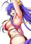  1girl :d antenna_hair arm_up armpits backless_outfit bangs blazblue blazblue:_central_fiction blazblue_variable_heart blue_hair blush bow breasts cowboy_shot from_side hair_between_eyes hair_bow halter_top halterneck highres large_breasts long_hair looking_away looking_to_the_side lowleg lowleg_pants mai_natsume open_mouth pants revealing_clothes sayoi sideboob simple_background smile solo very_long_hair violet_eyes white_background yellow_bow 