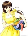  1990s_(style) 1996 1girl basket brown_eyes brown_hair copyright dated dress highres holding holding_basket laundry_basket long_hair open_mouth pc_engine_fan short_sleeves simple_background solo takada_akemi white_background yellow_dress 