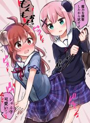  2girls ahoge blush brown_eyes brown_hair chiyoda_momo curled_horns demon_girl demon_horns demon_tail eyebrows_visible_through_hair hair_ornament highres horns machikado_mazoku multiple_girls na_bia open_mouth pantyhose pink_hair school_uniform shiny shiny_hair short_hair tail tail_grab translation_request yoshida_yuuko_(machikado_mazoku) 