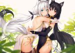  2girls animal_ear_fluff animal_ears ass back bare_shoulders black_dress black_hair black_legwear black_ribbon blue_eyes breasts bridal_gauntlets closed_mouth cosplay dress earrings elbow_gloves gloves hair_ribbon highres hololive jewelry kurokami_fubuki looking_at_viewer low_ponytail medium_breasts multicolored_hair multiple_girls panties plant red_eyes ribbon shirakami_fubuki shirakami_fubuki_(cosplay) side-tie_panties smile standing star_(symbol) sy4 tail thigh-highs two-tone_hair underwear white_background white_dress white_gloves white_hair 