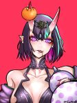  1girl absurdres bangs bare_shoulders bob_cut breasts bridal_gauntlets collarbone ear_piercing eyeliner fate/grand_order fate_(series) food fruit gourd headpiece highres horns japanese_clothes kimono long_sleeves looking_at_viewer makeup mandarin_orange medium_breasts off_shoulder oni oni_horns piercing pointy_ears purple_hair purple_kimono red_background revealing_clothes sailen0 short_eyebrows short_hair shuten_douji_(fate/grand_order) skin-covered_horns smile tongue tongue_out violet_eyes 