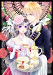  1boy 1girl argyle argyle_background black_hair black_neckwear blonde_hair blue_eyes cake cookie cup dress fantasy flower food gloves hair_flower hair_ornament hand_in_another&#039;s_hair hand_up holding holding_cup jewelry long_hair long_sleeves necklace plate slice_of_cake standing teacup teapot teaspoon tenma_ako tray violet_eyes white_gloves 