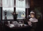  1girl absurdres bag bangs book brown_eyes brown_hair cat chair cup curtains flower gloves habit highres holding holding_book hotateyuki hourglass indoors lamp light_rays long_hair nijisanji nun plant rain reading sister_cleaire sitting solo spoon table teacup teapot vase virtual_youtuber water_drop white_gloves 