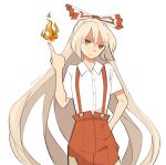  1girl artist_name bangs bow buttons closed_mouth collar collared_shirt eyebrows_visible_through_hair eyes_visible_through_hair fire fujiwara_no_mokou grey_hair hair_between_eyes hair_bow hand_in_pocket hand_up long_hair looking_at_viewer pants paraholix red_bow red_eyes red_pants shirt short_sleeves silver_hair simple_background solo standing touhou white_background white_bow white_shirt 