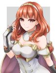  1girl arm_guards black_gloves breasts celica_(fire_emblem) closed_mouth commentary cowboy_shot cute detached_collar double-breasted dress earrings eyelashes fingerless_gloves fire_emblem fire_emblem_15 fire_emblem_2 fire_emblem_echoes:_mou_hitori_no_eiyuuou fire_emblem_echoes:_shadows_of_valentia fire_emblem_gaiden gloves grey_background hairband hand_in_hair intelligent_systems jewelry lips long_hair looking_at_viewer medium_breasts nintendo off-shoulder_dress off_shoulder orange_eyes orange_hair simple_background smile solo tenchan_man white_background white_dress 