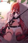  1girl belt blue_eyes blush breasts girls_frontline gun hair_between_eyes holding holding_gun holding_weapon kneehighs long_hair midriff nanoless navel open_mouth red_legwear redhead rifle ruins shorts single_kneehigh single_thighhigh sitting sniper_rifle solo t-5000_(girls_frontline) thigh-highs very_long_hair wariza weapon 