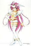  1990s_(style) 1girl alina_(chip-chan_kick!) boots bridal_gauntlets chip-chan_kick! copyright copyright_name earrings hand_on_hip highres jewelry long_hair looking_at_viewer navel official_art pink_eyes pink_hair simple_background solo standing thigh-highs thigh_boots very_long_hair white_background white_legwear yanagi_hirohiko 