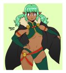  1girl 2020 artist_name black_cape cape dark_skin elbow_gloves eyebrows fingerless_gloves flat_chest fur-trimmed_cape fur_trim gloves green_gloves green_hair highres long_hair looking_at_viewer messy_hair navel original parted_lips pointy_ears red_eyes smile solo taggo wavy_hair 