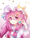  ametama_(runarunaruta5656) blue_ribbon crescent_moon earrings glasses hand_up hat hat_ribbon highres jewelry mob_cap moon open_mouth patchouli_knowledge purple_hair red_ribbon ribbon touhou violet_eyes 