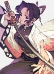  1girl arm_up bangs belt belt_buckle black_hair breasts buckle bug butterfly butterfly_hair_ornament buttons closed_mouth collar gradient_hair grey_background hair_ornament haori holding holding_sword holding_weapon insect japanese_clothes katana ke02152 kimetsu_no_yaiba kochou_shinobu lips long_sleeves looking_at_viewer multicolored_hair parted_bangs purple_hair short_hair simple_background smile solo sword upper_body violet_eyes weapon white_belt 