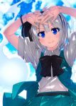  1girl aqua_vest black_neckwear blouse blue_eyes bow bowtie bracelet clouds colored_eyelashes eyebrows_visible_through_hair highres jewelry konpaku_youmu konpaku_youmu_(ghost) looking_at_viewer sazanami_mio short_sleeves sky smile solo touhou upper_body vest white_blouse 