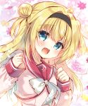  1girl blonde_hair blue_eyes blurry blurry_background blush bow chitose_sana clenched_hands commentary_request double_bun eyebrows_visible_through_hair floral_background hair_between_eyes hair_intakes hairband happy_birthday highres light_particles long_hair long_sleeves looking_at_viewer open_mouth pink_serafuku solo suzunone_rena tenshinranman upper_body white_bow yuzu-soft 