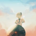  1girl absurdres back bug butterfly butterfly_on_hand button_(pixiv10300358) chinese_clothes clouds cloudy_sky hair_ornament highres holding holding_umbrella insect oriental_umbrella short_hair short_sleeves sky solo standing umbrella vocaloid vsinger white_hair yanhe 