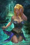 1girl bare_arms bare_shoulders bathing bikini blonde_hair breasts cleavage closed_eyes closed_mouth collarbone corset fantasy forest glowing glowing_hair jaina_proudmoore judash137 large_breasts legs lips long_hair magic muscle nature navel outdoors partially pink_skin solo submerged swimsuit thighs toned underwear waist warcraft wide_hips world_of_warcraft 