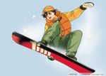  1990s_(style) 1996 1girl beanie brown_hair copyright dated goggles goggles_around_neck hat long_sleeves mittens open_mouth pc_engine_fan short_hair simple_background ski_gear snowboard snowboarding solo takada_akemi white_background winter_clothes 