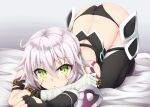  1girl absurdres arm_belt ass back bandaged_arm bandages bangs bare_shoulders bed_sheet black_gloves black_legwear black_panties blush breasts crop_top facial_scar fate/apocrypha fate_(series) fingerless_gloves gloves green_eyes highres jack_the_ripper_(fate/apocrypha) kuzukiri_(riezenagel) looking_at_viewer open_mouth panties purple_footwear scar scar_across_eye scar_on_cheek short_hair shoulder_tattoo silver_hair single_glove slit_pupils small_breasts tattoo thigh-highs thighs top-down_bottom-up underwear 