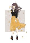  1girl absurdres black_footwear black_shirt brown_hair earrings floral_print full_body ginkgo_leaf grey_background grey_eyes hand_up highres jewelry kko_(um7mr) looking_at_viewer original pale_skin shirt simple_background skirt socks solo white_legwear wind yellow_skirt 