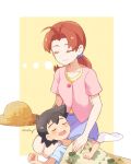  1boy 1girl black_hair blanket blue_shirt blush border brown_hair bulbasaur character_print closed_eyes commentary_request gen_1_pokemon hanako_(pokemon) hat jacket kneeling lap_pillow long_hair mei_(maysroom) mother_and_son mouth_drool no_shoes open_mouth pink_jacket pokemon pokemon_(anime) ponytail purple_skirt satoshi_(pokemon) shirt signature skirt sleeping smile socks straw_hat white_border white_legwear yellow_background yellow_shirt younger 