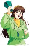  1990s_(style) 1996 1girl backwards_hat brown_eyes brown_hair clenched_hand copyright dated facepaint hat highres holding hood hood_down long_hair long_sleeves open_mouth pc_engine_fan simple_background solo takada_akemi track_suit whistle whistle_around_neck white_background 