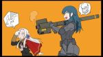  blue_hair blush byleth_(fire_emblem) byleth_eisner_(female) cape edelgard_von_hresvelg fire_emblem fire_emblem:_three_houses hair_ribbon long_hair medium_hair metal_gear_(series) mikoyan military military_uniform red_cape ribbon rocket_launcher smile uniform violet_eyes weapon white_hair 