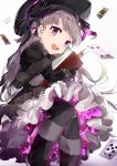  1girl absurdres book boots bow card fate/extra fate/grand_order fate_(series) gothic_lolita grey_hair hat highres lolita_fashion long_hair nursery_rhyme_(fate/extra) open_mouth pink_eyes playing_card same_(sendai623) smile 